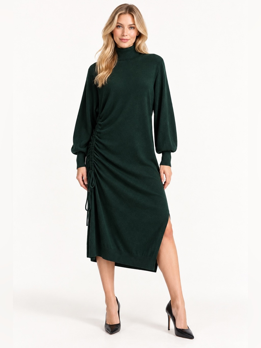 Ted Baker London Dark Green Ruched Turtleneck Midi Dress